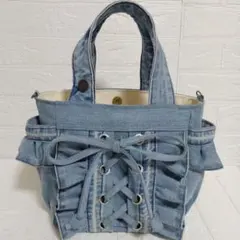 ハンドメイドデニムリメイクトートバッグフリル付き