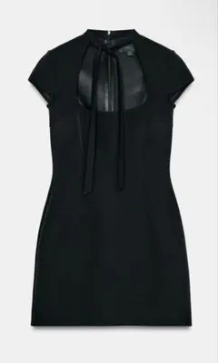 【ZARA】完売品XS リボンディテールショートワンピース タイリボン ブラック ZARA】完売品XS リボンディテールショートワンピース タイリボン