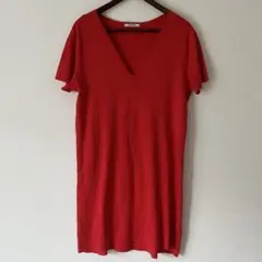 【ZARA TRAFALUC】半袖 Vネック チュニック ミニワンピースレッド