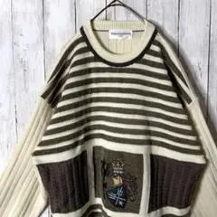 デザインニット 刺繍 ベージュ ナチュラルカラー ボーダー ケーブル ゆるダボ