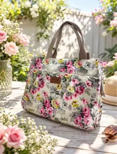 大人かわいい✨ 花柄 キャンバストートバッグ ランチバッグ 大容量