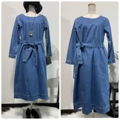 ICHIデニムロングワンピースウエストリボン前後2wayフレアAライン イチ