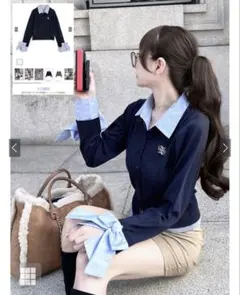 襟付きリボンロゴ刺繍ニットトップス ［fs29］