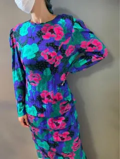 古着 アンティーク ビンテージ ドレス 70s USA 牡丹 ワンピース 美品