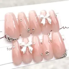 ネイルチップ チークネイル 韓国風 ワンホン リボン ピンク フレンチガーリー