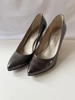 中古美品 銀座かねまつダークブラウン エナメルレザーヒールパンプス25cm