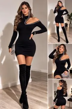 オフショルダー パール装飾 タイトワンピース