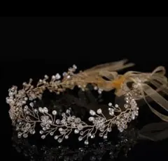 ラインストーン クリスタルパール 小枝ヘッドアクセサリー ゴールド