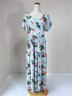 花柄 フラワープリント ウエストリボン タック 半袖 ロングワンピース Y811