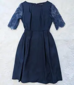 ネイビー レース袖 Aラインドレス　パーティードレス ワンピース