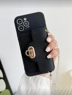 iPhone12 スマホショルダーストラップ 黒 レザー調　スマホケース