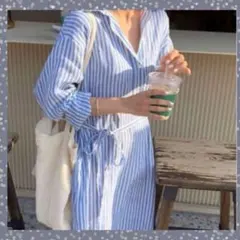 新品*ストライプ ワンピース シャツワンピ レディース-M