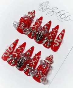 【No.024】ネイルチップ　地雷系量産型サブカルゴシックゴテゴテ　赤