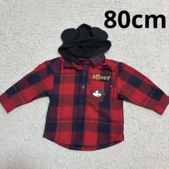 【美品】ミッキー 長袖 チェックシャツ BABYDOLLディズニー 耳付きフード
