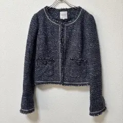 【INDIVIインディヴィ】美品 ツイード ノーカラージャケット 紺 38 入園