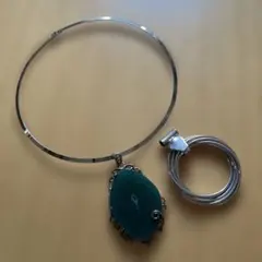 ２点セット　シンプル メタル チョーカー リングモチーフ　シルバー　グリーン