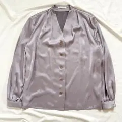上品 サテン調 光沢 ブラウス 長袖 パープル 日本製 通勤コーデ セレモニー