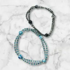 ハンドメイドブレスレット 2本セット 青と黒のマーブルビーズ メンズブレスレット