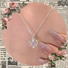 ハートストーンネックレス オーロラ×シルバーフレーム 韓国風・量産型・ガーリー