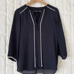 ZARA ネイビー ブラウス レース装飾付き