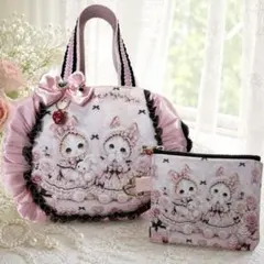 ひ*こ様 ハンドメイド　うさみみバッグ&ポーチ　猫　黒　ピンク　レース　リボン ひ*こ様 ハンドメイド うさみみバッグ&ポーチ 猫 黒 ピンク レース