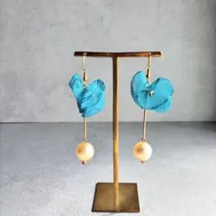 ターコイズシフォンとコットンパール風ピアス