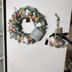 秋色紫陽花と小花のリース　直径約22cm　ミニブーケ付