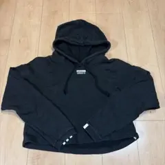adidas クロップド フーディー パーカー 黒 M 三本ライン トレフォイルのサムネイル