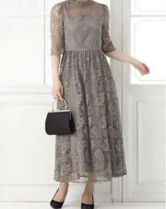 【人気】エメ　プチハイネック袖付き花柄レースフィット＆フレアドレス　 七分袖M