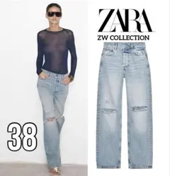 ZARA 美シルエット ハイウエスト クラッシュ加工 デニム 38 ラスト1点♪