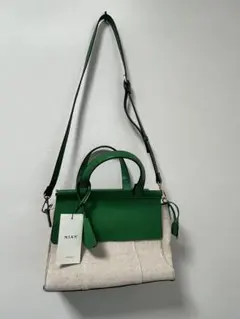 MIAN異素材　バイカラー ハンドバッグ グリーン/ベージュ ストラップ付き