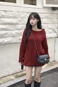 リボン付きオフショルダー赤ニット