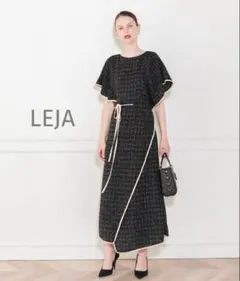 LEJA ウエストリボンツイード柄フレア半袖配色パイピングロングドレスワンピース
