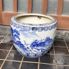 時代物 染付人物山水大鉢 花器 鉢カバー 古美術 ウブ品 入手困難