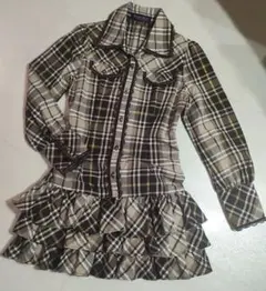 Pink Mix チェック柄フリル長袖ミニワンピース 茶色