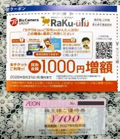 ラクウルクーポン 1枚 ビックカメラ株主優待券 イオン株主優待券 1枚