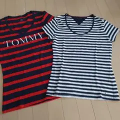 TOMMY HILFIGER ストライプ Vネック Tシャツ S/P　2枚Set