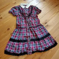 axes femme チェック 半袖ワンピース　ワインレッド黒レース　リボン　秋