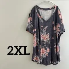 花柄 【2XL】Tシャツ 半袖 グレー フラワープリント Vネック ピンク