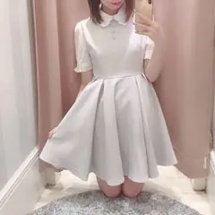 evelyn フラワー刺繍襟タックワンピース アイスグレー