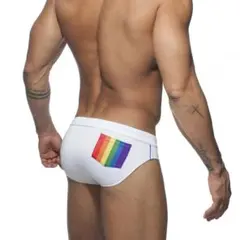 Men's competitive swimwear, white, with rainbow pockets, size XL.
