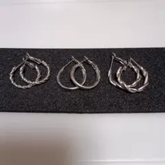 キャッチャー一体型 シルバー ツイストデザイン フープピアス 3ペアセット