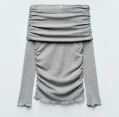 ZARA ギャザーセミシアー　コットントップスオフショルダーグレー