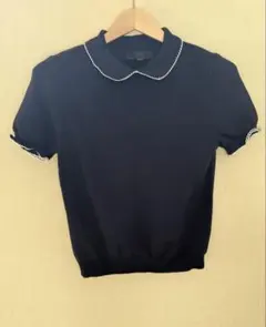 ZARA スカラップ襟　半袖ニットトップス　ネイビーS