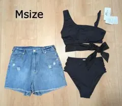 新品　レディース　水着　セパレート　デニムショートパンツ　アシンメトリー　М