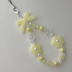 【No.157】ビーズストラップ　ビーズキーホルダー　黄色　イエロー　リボン