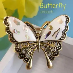 【白い蝶】ブローチ ヴィンテージ ゴールド シェル 匿名配送 ちょう★A477