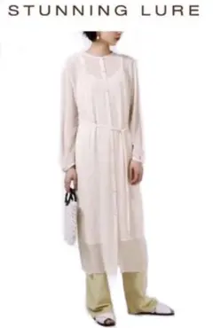 新品スタニングルアーレースアップシフォンロングワンピースシアーオフホワイト清楚白
