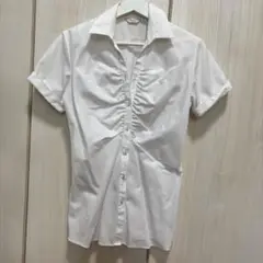ホワイト 半袖 フロントギャザーシャツ