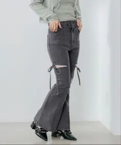 Heatherグレー フレアパンツ Sサイズ サイドリボン付きのサムネイル